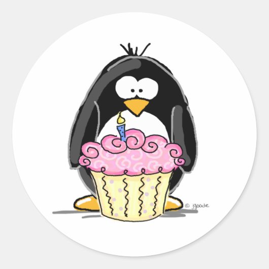Birthday Penguin met Cupcake Ronde Sticker (Voorkant)