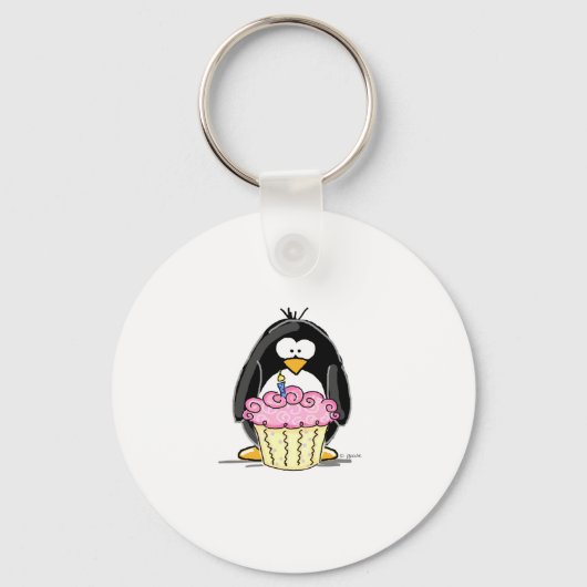 Birthday Penguin met Cupcake Sleutelhanger (Voorkant)