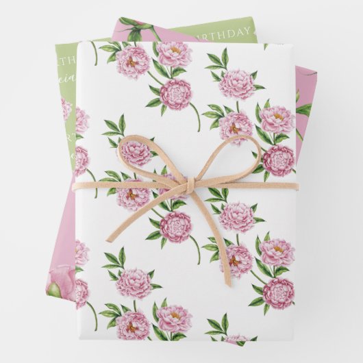 Birthday Peony Wrapping Paper Flat Sheet Set van 3 (In situ)
