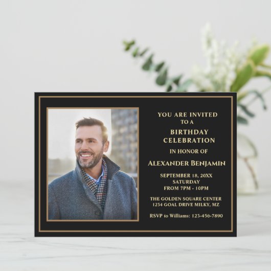 Birthday Photo Black Gold Custom Kaart (Staand voorkant)