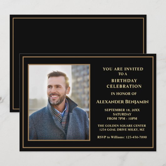 Birthday Photo Black Gold Custom Kaart (Voorkant / Achterkant)