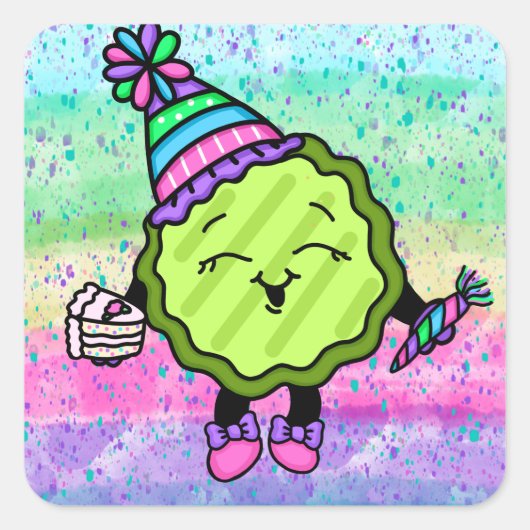 Birthday Pickle | Roze en Paars Pet van de geboort Vierkante Sticker (Voorkant)