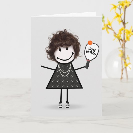 Birthday Pickleball Stick Figuur Girl Kaart (Gele Bloem)