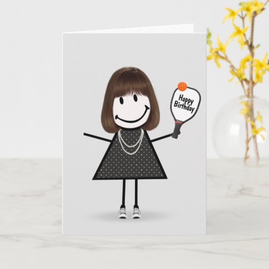 Birthday Pickleball Stick Figuur Girl Kaart (Gele Bloem)