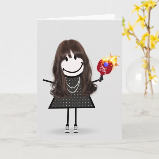 Birthday Pickleball Stick Figuur Girl Kaart (Gele Bloem)