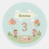 Birthday Picnic, Cute Retro Style, Age 3 Ronde Sticker (Voorkant)