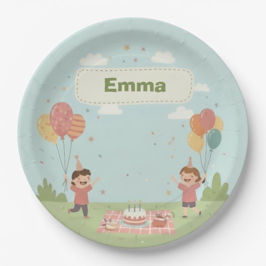 Birthday Picnic, Cute Retro Style Papieren Bordje (Voorkant)