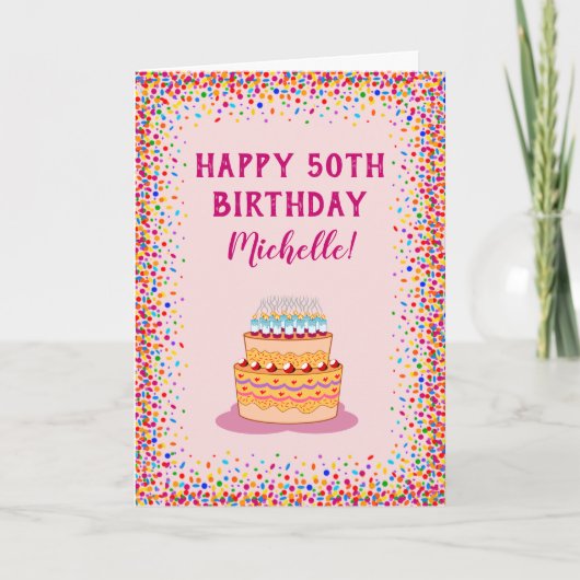 Birthday Pink Cake Colorful Confetti Celebration Kaart (Voorkant)