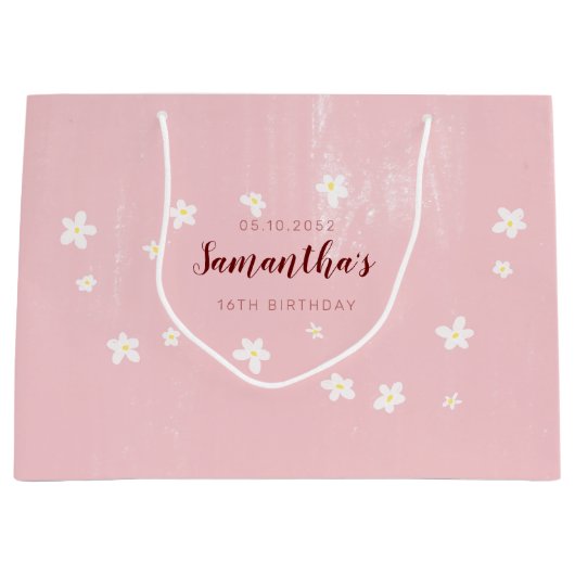 Birthday Pink Daisies Girly Sweet Simple Script Groot Cadeauzakje (Voorkant)