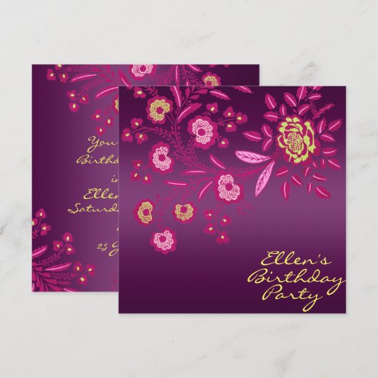 Birthday Pink/Geel en Paarse bloem Uitnodiging (Voorkant / Achterkant)