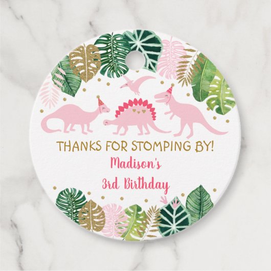 Birthday Pink & Gold Dinosaur Safari Bedankjes Labels (Voorkant)