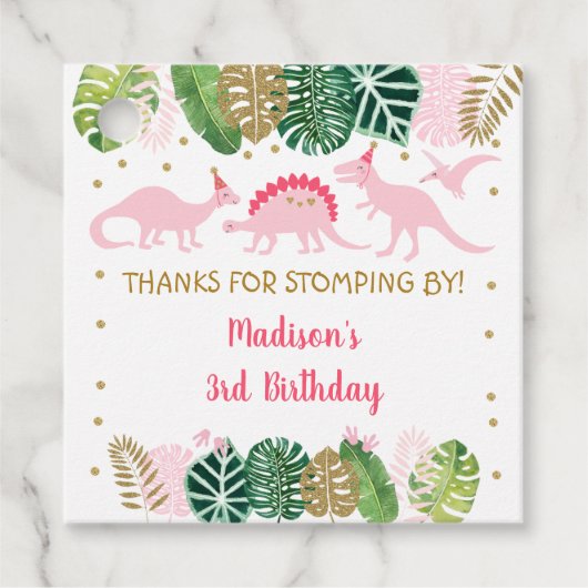 Birthday Pink & Gold Dinosaur Safari Bedankjes Labels (Voorkant)