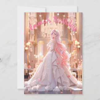 Birthday Pink hair princess in a white ballgown Kaart