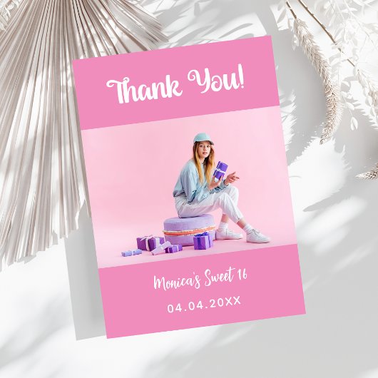 Birthday pink photo thank you card kaart
