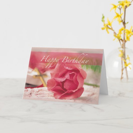 Birthday Pink Rose, Cross, Religieuze Kaart (Gele Bloem)