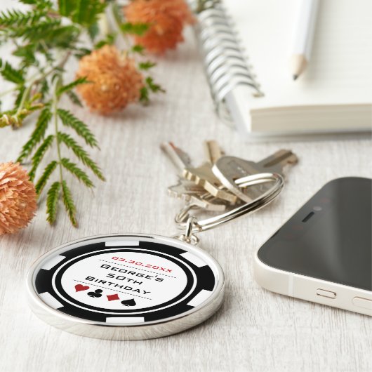Birthday Poker Chip Casino Theme Black White Sleutelhanger (Zijkant)