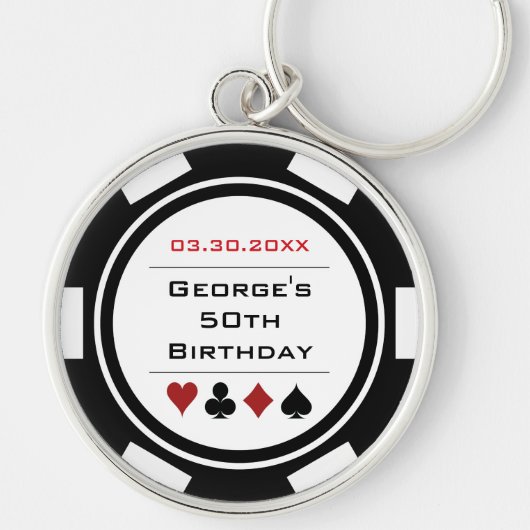 Birthday Poker Chip Casino Theme Black White Sleutelhanger (Voorkant)