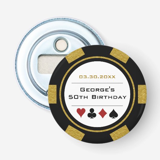 Birthday Poker Chip Casino Theme Gold Black Button Flesopener (Voorkant)