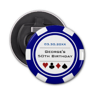 Birthday Poker Chip Casino Theme Navy Blue White Button Flesopener