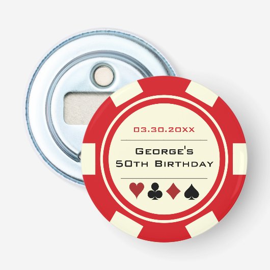 Birthday Poker Chip Casino Theme Red Off White Button Flesopener (Voorkant)
