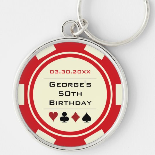 Birthday Poker Chip Las Vegas Theme Red Off White Sleutelhanger (Voorkant)