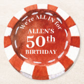 Birthday Poker Chip Red White, gepersonaliseerd Ronde Kartonnen Onderzetter (Voorkant)