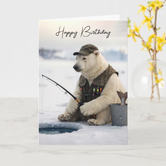 Birthday Polar Bear Ice Fishing Kaart (Gele Bloem)