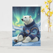 Birthday Polar Bear Sitting Under Northern Lights Kaart (Gele Bloem)