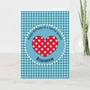 Birthday Polka Dot Love Heart Gingham Personalized Kaart