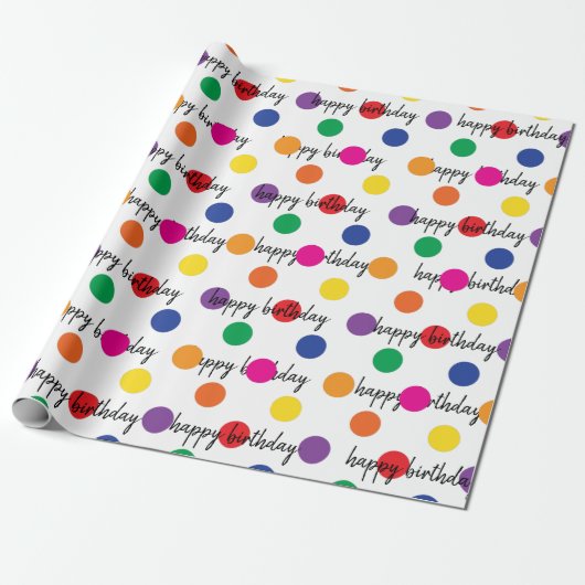Birthday Polka Dots on White Cadeaupapier (Uitgerold)