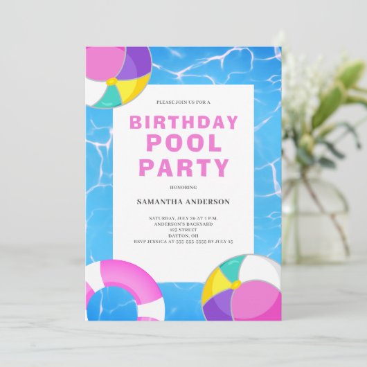 Birthday Pool Party Invitation Kaart (Staand voorkant)