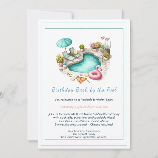 Birthday Pool Party Invitation with Cocktails Kaart (Voorkant)