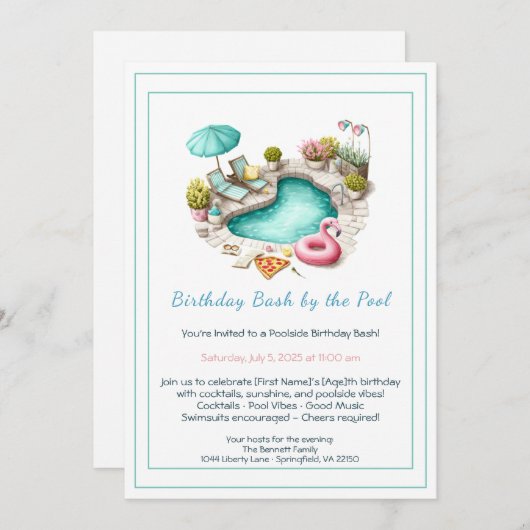 Birthday Pool Party Invitation with Cocktails  Kaart (Voorkant / Achterkant)