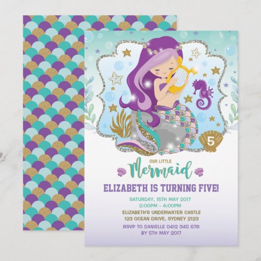 Birthday Pool Party Invites Mermaid Invitation Bir Kaart (Voorkant / Achterkant)