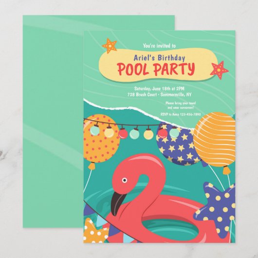 Birthday Pool Party Kaart (Voorkant / Achterkant)