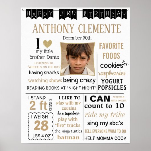 Birthday Poster Banner Milestone zwart wit goud (Voorkant)