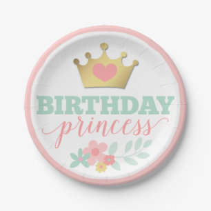 Birthday Princess Gold Crown & Shabby Pink Floral Papieren Bordje
