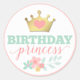 Birthday Princess Gold Crown & Shabby Pink Floral Ronde Sticker