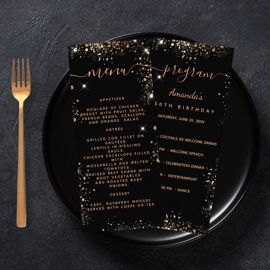 Birthday Progam Menu zwarte goudglitter
