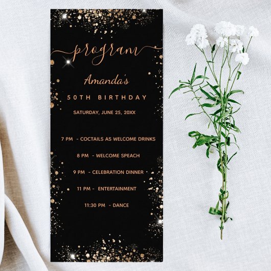 Birthday Progam Menu zwarte goudglitter