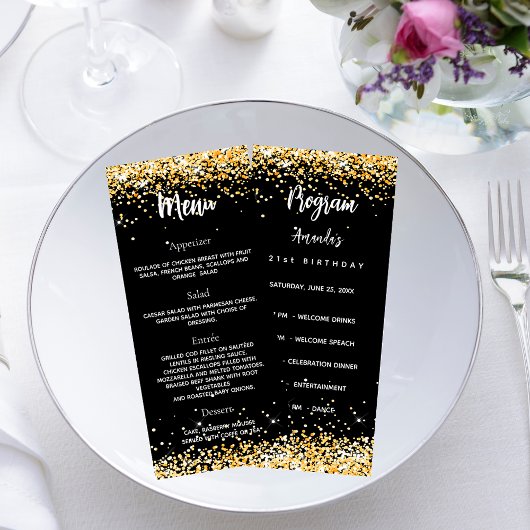 Birthday Progam Menu zwarte goudglitter