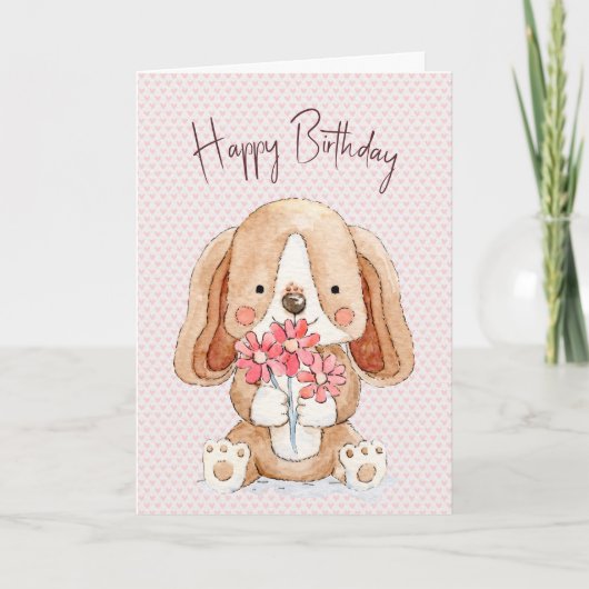 Birthday Puppy Dog met bloemen Kaart (Voorkant)