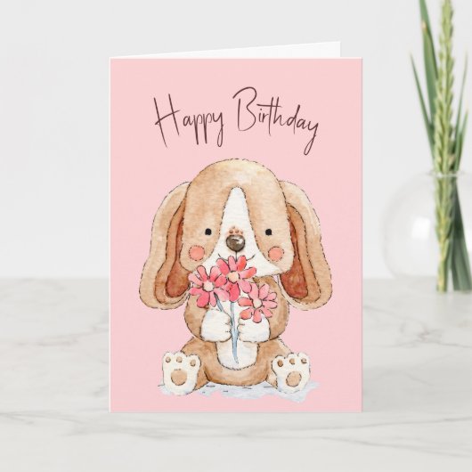 Birthday Puppy Dog met bloemen Kaart (Voorkant)