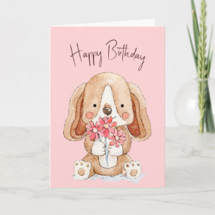 Birthday Puppy Dog met bloemen Kaart
