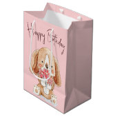 Birthday Puppy Dog met bloemen Medium Cadeauzakje (Voorkant Gekanteld)