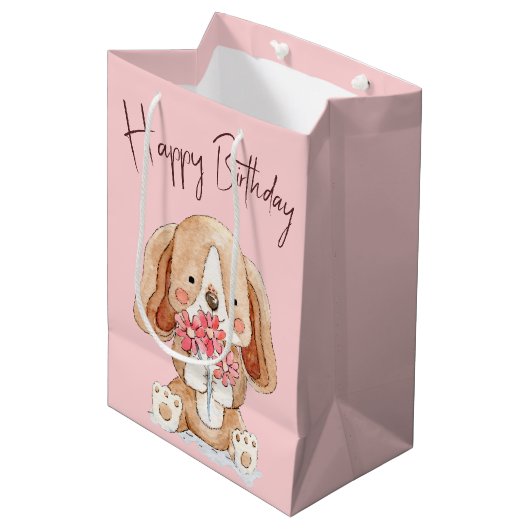 Birthday Puppy Dog met bloemen Medium Cadeauzakje (Voorkant Gekanteld)