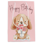 Birthday Puppy Dog met bloemen Medium Cadeauzakje (Voorkant)