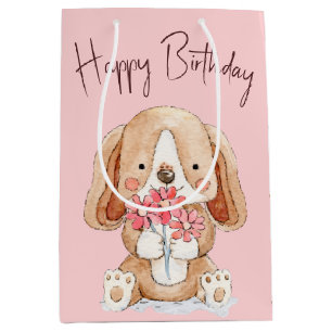 Birthday Puppy Dog met bloemen Medium Cadeauzakje