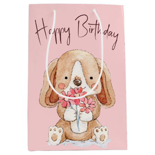 Birthday Puppy Dog met bloemen Medium Cadeauzakje (Voorkant)