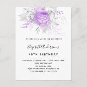 Birthday purple florals elegant silver uitnodiging briefkaart (Voorkant)